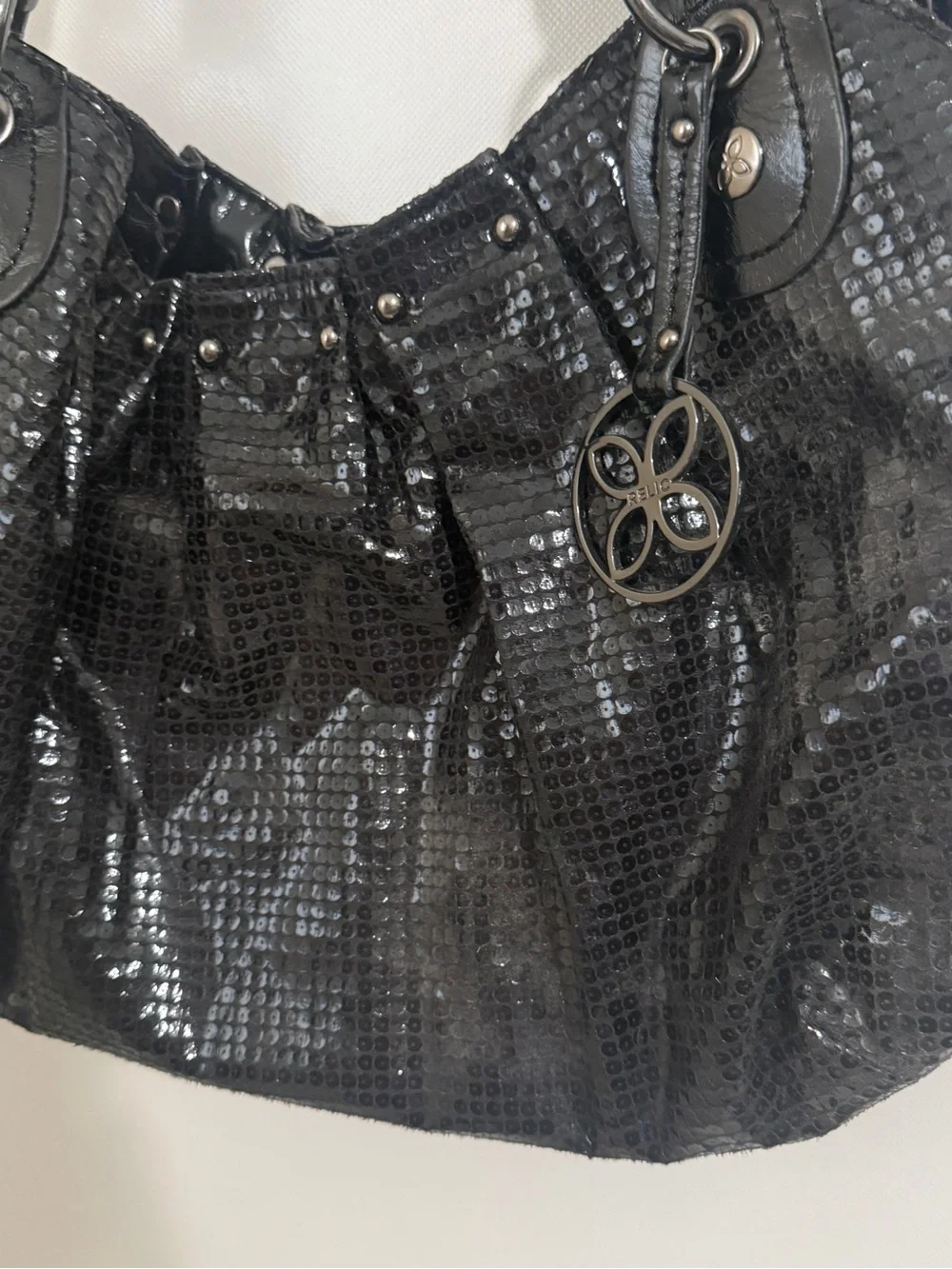 Relic Black Shiny Textured Shoulder Studded Bag Purse Glossy Fabric Rocker Biker